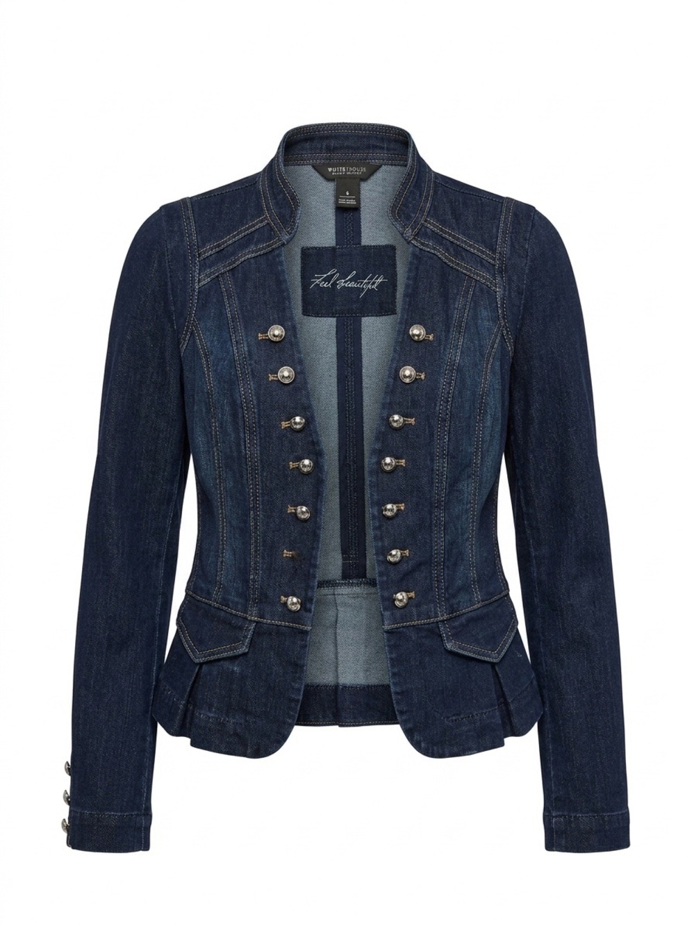 White House Black Market Women's Military Style Button Blue Denim Y2K Jacket 8